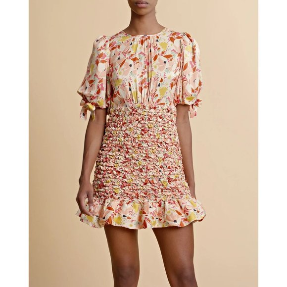 🆕 By TiMo Shirred Smocked Ruffle Crepe Satin Mini Dress Floral Medium - Picture 10 of 16